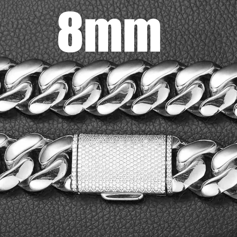 8/10/12/14mm  Solid Stainless Steel Cuban Miami Link Chain Necklaces for Men Hip Hop Bling Iced out Rapper Jewelry
