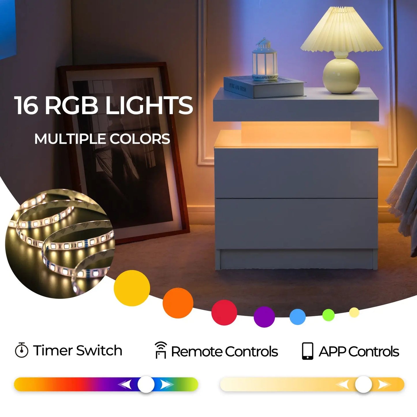 Cubehom Nightstand Set of 2 With LED Drawers Modern Bedside