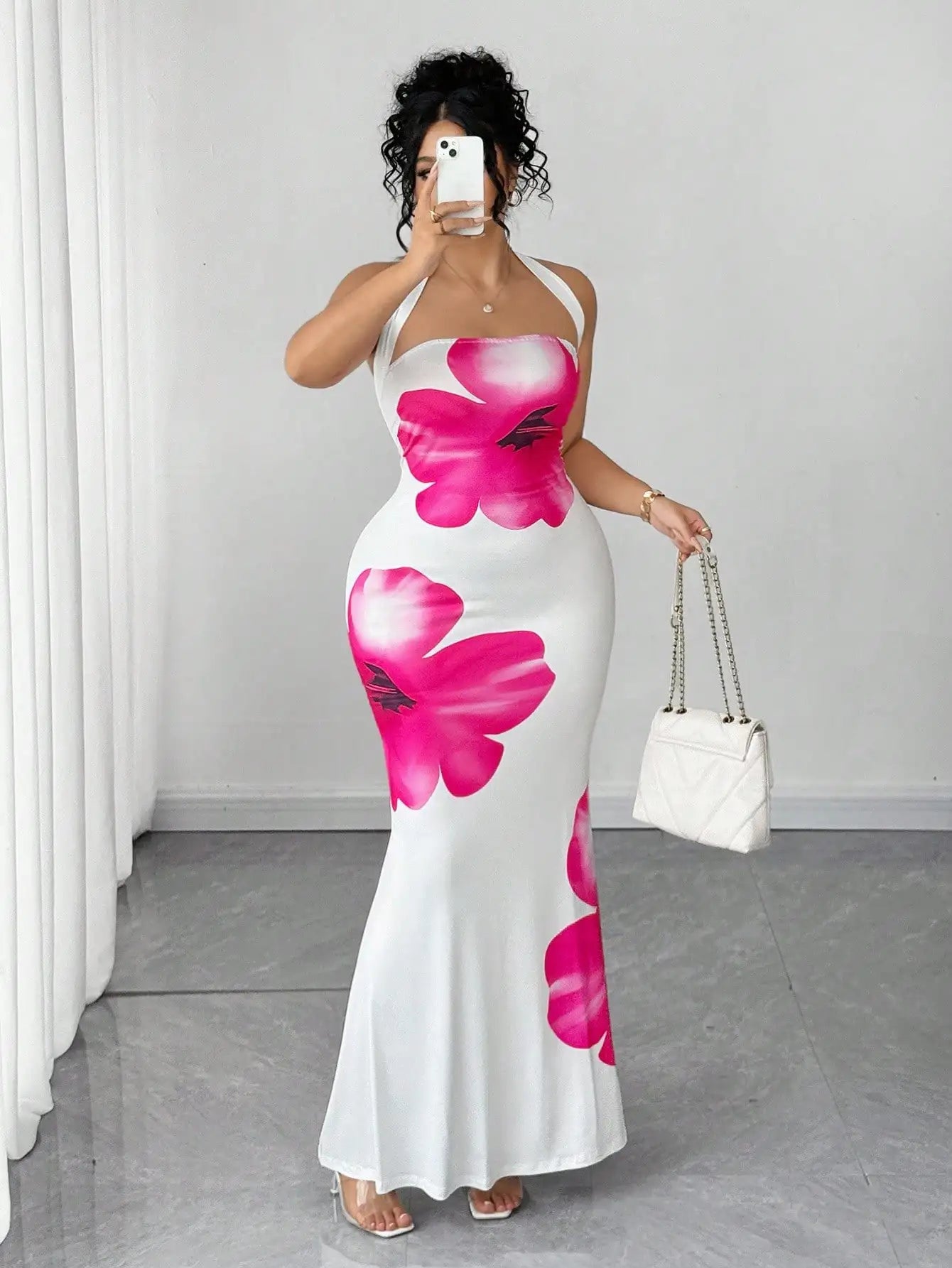 Plus Size Maxi Dress With Floral Print Halter Neck
