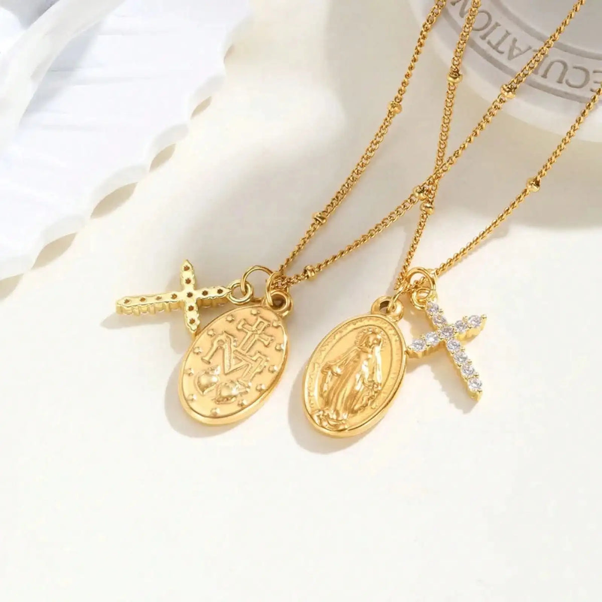 Cross Virgin Mary Pendant Necklace For Women,Stainless Steel Gold Plated Bead Chain Necklace, Religious Prayer Jewelry