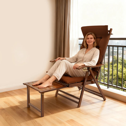 Bamboo Folding Reclining Lounge Chair With Adjustable Backrest Cushion