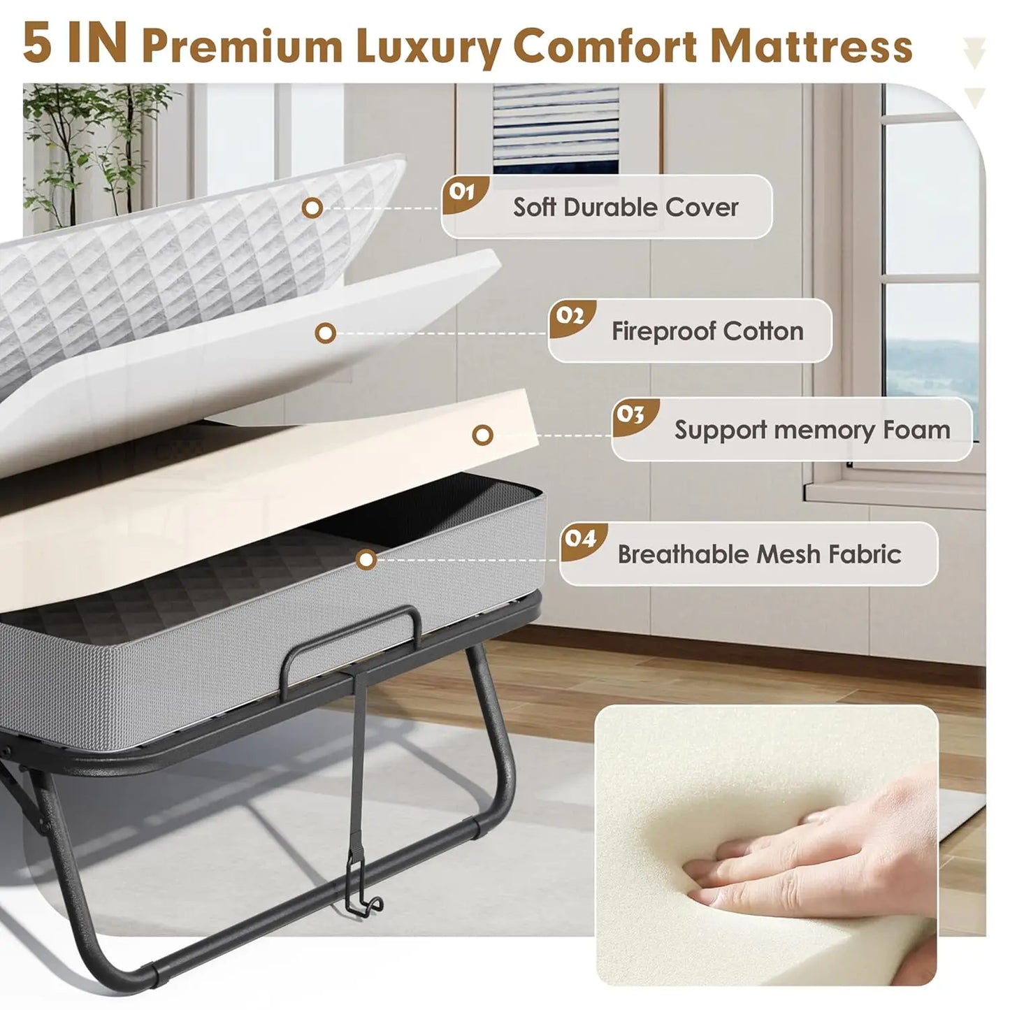 Folding Bed with Mattress, 75" x 38" Rollaway Bed with Mattress for Adults, Space-Saving Sturdy Metal Fold Up Beds,, Customized