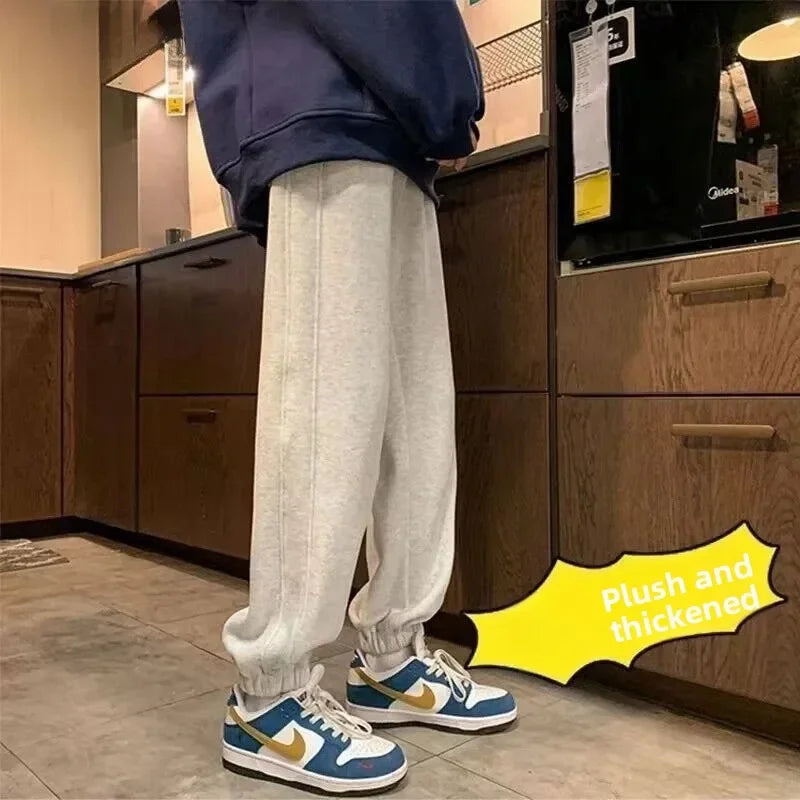 Men's Loose Fit Fleece Lined Drawstring Trousers Autumn Winter New Style Casual Sports Pants Warm American Style Loose Sweatpant