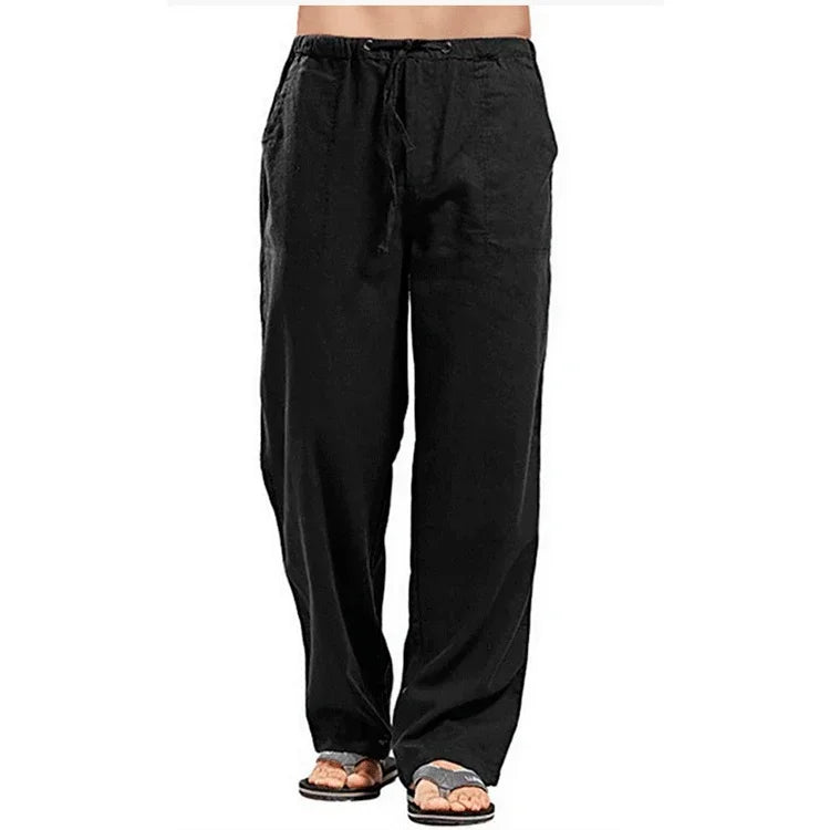 Mens Cotton Linen Pants Summer Breathable Trousers With Elastic Waist