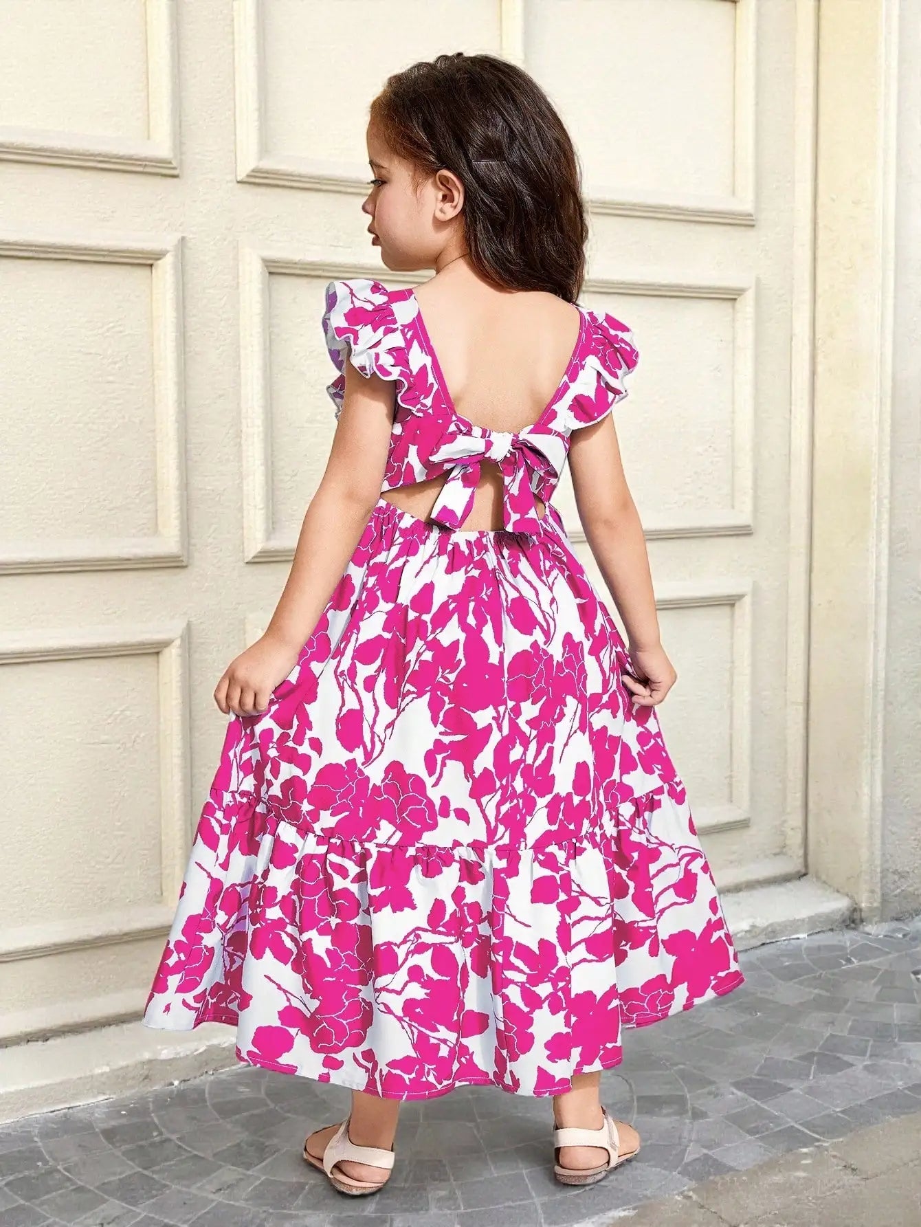 Girls Floral Print Ruffle Sleeve Bow Back Cutout Maxi Dress