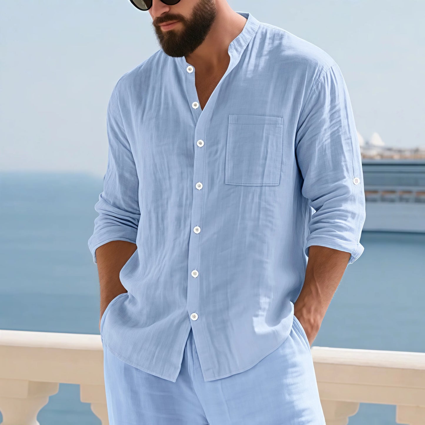 Men Linen Button Down Shirt With Mandarin Collar Long Sleeve Chest Pocket