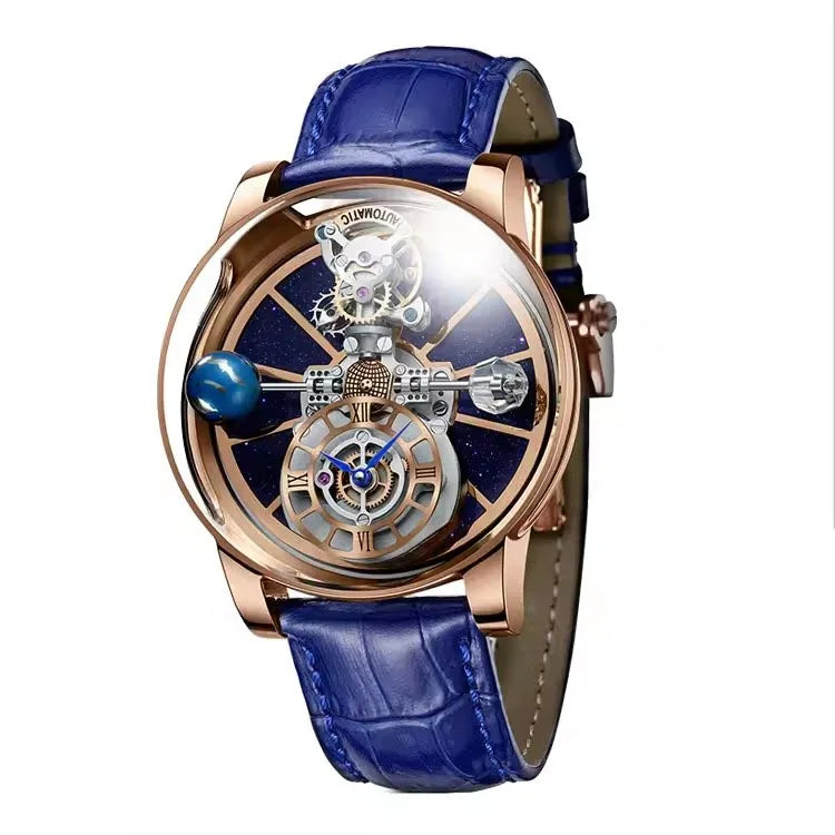 PINDU Transparent Hollow Celestial Roulette Quartz Leather Mens Watch