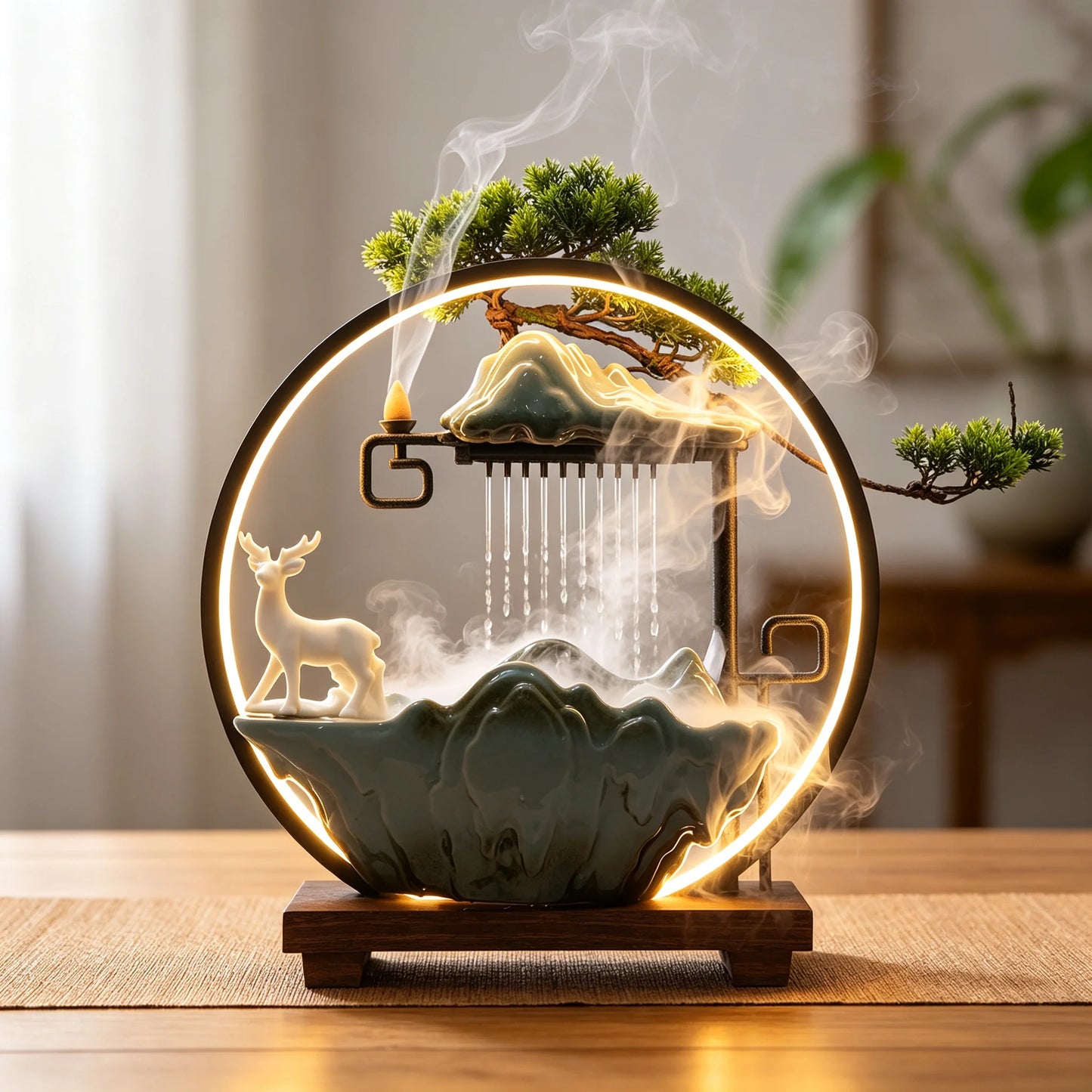 Bymaocar Decorative Water Fountain Tabletop LED Light Mist